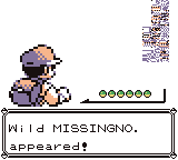 A boy wearing a baseball cap seen from behind looks up at a lower-case "d" shaped character with a scrambled appearance. Below, a text box says "Wild MISSINGNO. appeared!"