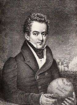  Head and shoulders portrait of a man, mid-thirties, with a high forehead and a stern glance, as he looks out of the picture though turned half to the right. He is wearing a heavy topcoat, stock and high winged collar, and is holding a globe in his hands.