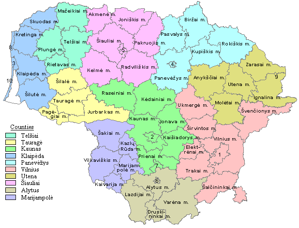 A map divided into ten sections all filled in with a different colour and further subdivided into subsections