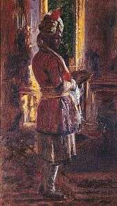 impressionistic painting of the Munshi, standing and turned to show his right profile