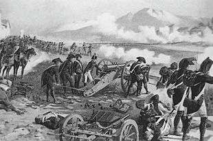Black and white print shows men firing a cannon at soldiers on the other side of a river.