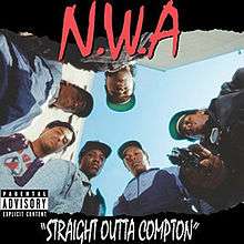 The members of N.W.A look down to the camera and  Eazy-E points a gun to it