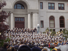 The Band of the Fighting Irish plays on the steps of Bond Hall before every home game.