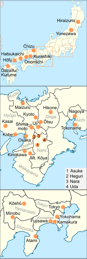 Most of the National Treasures are found in the Kansai and Tokyo area, although some are in cities in south-western Honshū, north Honshū and Kyushu.