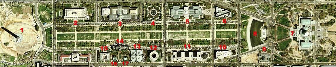 A satellite view of the National Mall with the Washington Monument on the left and the Capitol Building on the right. The buildings between are numbered 2 to 6 left to right above the mall, and 10 to 15 right to left, below the mall. 16 and 17 are located below 14.