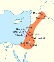 A map of the Levant with Natufian regions across present-day Israel, Palestine, and a long arm extending into Lebanon and Syria