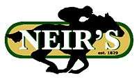 Silhouette of a jockey on a horse with the word Neir's superimposed