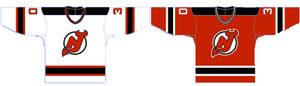 Two jerseys, the left primarily white, the right mostly red. Both feature red, white and black stripes at the bottom and the sleeves. The shoulders have a black yoke.