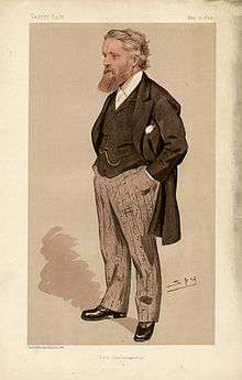  Drawing of a heavily-bearded man, hands in pockets, wearing a black tailed coat, striped trousers, waistcoat and watch chain.