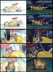 A comparison of the drawn storyboard and final animated version of a sequence in the game. The player character is driving a vehicle, and one of the wheels falls off, causing him to swerve.