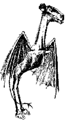 Drawing of a monster with the head of a goat, the body of a horse, bat wings, and a forked tail.