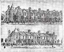 Drawings of two rows of houses with sharply angled roofs, and much larger houses at the ends of the rows