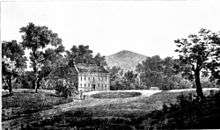 Drawing of a country house surrounded by trees and wide lawns, with a hill in the background