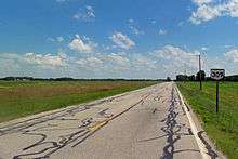 A road going straight from the foreground to the background, narrowing in the distance, between two fields, to a flat horizon. At the right is a sign with the number "309" in a white shape of the state of Ohio on a black background
