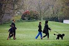 "Michelle Obama and her oldest daughter walk a small black dog whilst Barack Obama and their youngest daughter walk a short distance behind them"