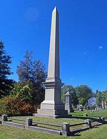 A tall marble obelisk against a clear blue sky with a low stone railing around it. There are smaller monuments, woods and a house in the background.