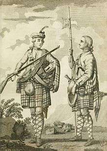 A black and white draing of two men wearing Scottish military garb, placed against a backdrop of countryside. Both are wearing kilts and argyled knee-length socks. One carries a musket, while the other has a halberd, and appears to have sword by his side.