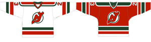 Two jerseys, the left primarily white, the right mostly red. Both feature red, white and green stripes at the bottom, the sleeves and the shoulders.