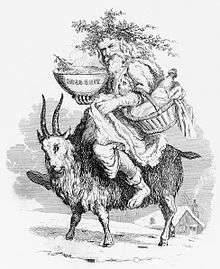Engraving of Father Christmas riding a Yule Goat