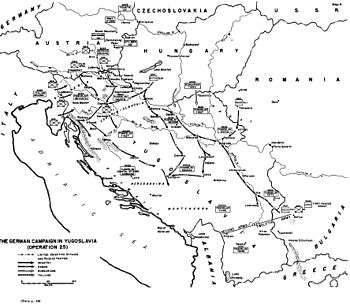 a black and white map depicting the routes taken through Yugoslavia by invading Axis troops