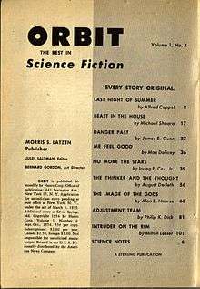 Table of Contents for Orbit Science Fiction No. 4, September–October 1954. "Last Night Of Summer" by Alfred Coppel, "Beast In The House" by Michael Shaara, "Danger Past" by James E. Gunn, "Me Feel Good" by Max Dancey, "No More The Stars" by Irving E. Cox, Jr., "The Thinker And The Thought" by August Derleth, "The Image Of The Gods" by Alan E. Nourse, "Adjustment Team" by Philip K. Dick, "Intruder On The Rim" by Milton Lesser (best known by pen name, Stephen Marlowe) and Science Notes (column). Verifies true first publication of "Adjustment Team" by Philip K. Dick. Illustrates publication of stories by many notable SF authors in context of publishing era and presentation to readers of era.