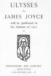 Page saying 'ULYSSES by JAMES JOYCE will be published in the Autumn of 1921 by "SHAKESPEARE AND COMPANY" – SYLVIA BEACH – 8, RUE DUPUYTREN, PARIS – VIe'