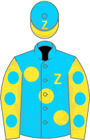 Racing silks of turquoise with yellow polka dots, with a "Z" on the cap and at pocket