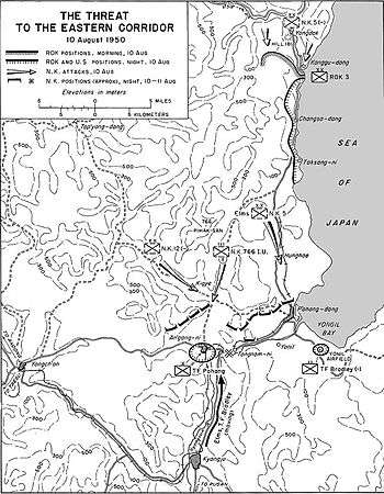A map showing three large divisions of troops advancing through a line of opposing troops to the south