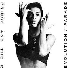 A black a white photo of a man with a black tank top and his arms posed in a theatrical way with the words "PRINCE AND THE REVOLUTION/ PARADE"