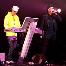 Chris Lowe (left) and Neil Tennant (right) at the stage