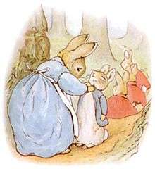 Illustration of a stout rabbit in a dress and apron buttoning the coat of a smaller rabbit with three other coat clad rabbits walking toward the background trees