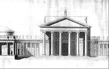 A neoclassical portico flanked by wings