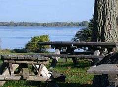 Picnic tables along the Saint Lawrence River in Robert Moses State Park.