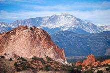 Photograph of Pikes Peak, as seen from the Garden of the Gods