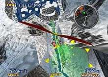 The screenshot shows a character in a red hang glider descending along an icey river between two snow-covered mountains. Green rings made up of yellow triangles accent the desired path. A radar is displayed at the top right. The character's time is on the top left. The character's speed, number of available photographs, and altitude are displayed at the bottom.
