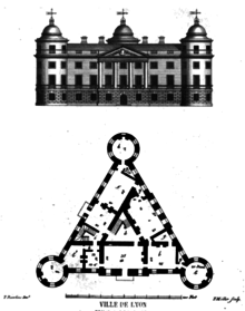 Line-drawing of the front-elevation of an imagined four-story stately home having a central portico with four columns and round towers at left and right corner; beneath which is a floorplan of the building showing its equilateral triangular form.