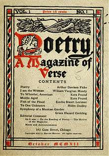 A magazine cover printed in black and red on an off-white background. A scroll and a winged horse adorn the title Poetry: A Magazine of Verse.
