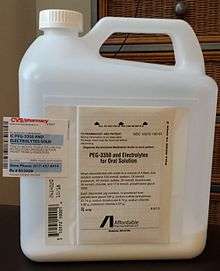 A container of PEG (polyethylene glycol) with electrolyte used to clean out the intestines before certain bowel exam procedures such as colonoscopy.