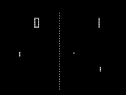 Pong video game screenshot that is a stylized representation of a game of table tennis.