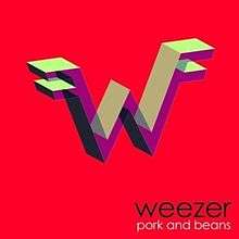 A red square with a three-dimensional version of the Weezer logo. The bottom right corner contains the text "Weezer" on top of the text "pork and beans".