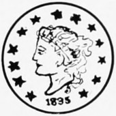 Coin with a woman's profile with flowing hair and a head band marked "Liberty", surrounded by thirteen stars and an 1835 mint mark below
