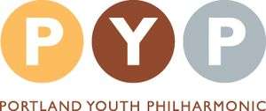 Three circles, each a different color, with a letter inside: "P", "Y", and "P". Below the three circles is the text "Portland Youth Philharmonic".