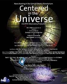 Our current idea of the universe manifests above a researcher's desk inside the dome of the Mt. Wilson Observatory. Above the image is the film's title, CENTERED IN THE UNIVERSE. Below are the production credits.
