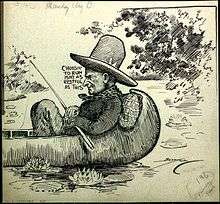 Caricature of Coolidge fishing on the lake.
