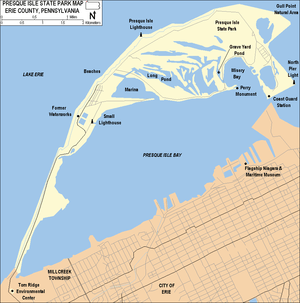 A map of the park on a narrow peninsula jutting into the lake