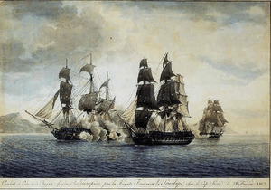 Two sailing frigates are exchanging broadsides, while a third frigate in the distance approaches the two others from the rear and fires at extreme range. All three ships are surrounded by large clouds of smoke