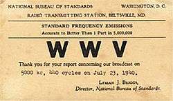 QSL verification postcard for time station WWV when it was located in Maryland