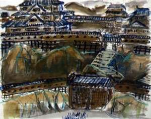 A storyboard image painted by Kurosawa for the movie, Ran: it depicts what appears to be a gate, behind which is a long flight of steps, around which are depicted various large structures in the style of 16th Century Japan.