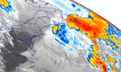 Satellite image of the northeastern United States and western Atlantic Ocean, featuring a poorly defined cyclone