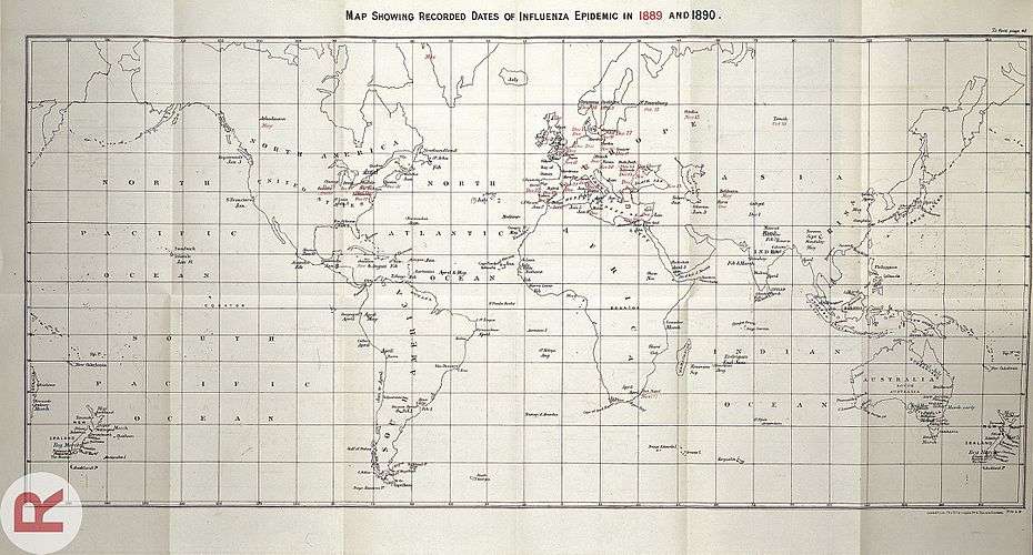A line map of the world, with dates in red (1889) and blue (1890) indicating when the influenza pandemic arrived in various cities.